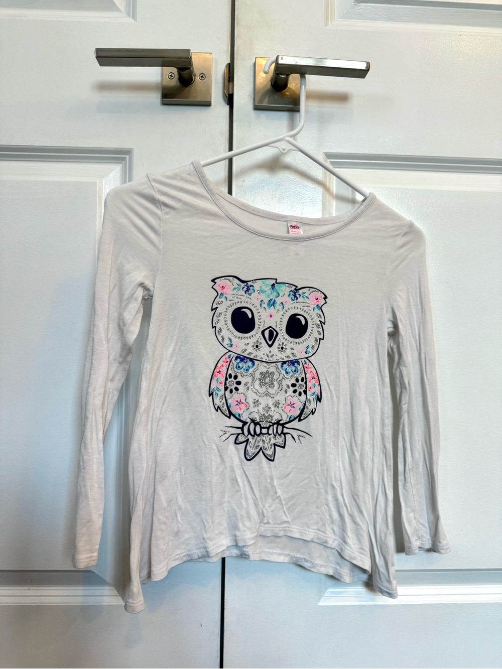 Justice White Long-Sleeve Tee with Colorful Floral Owl